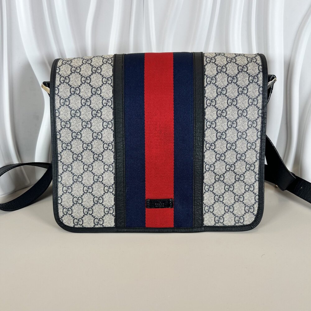 Gucci GG Plus Monogram messenger bag in beige and navy, featuring the signature